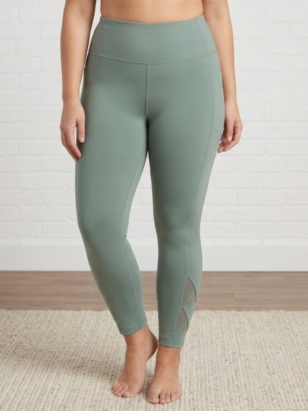 Mondetta Sage Green Mesh Cutout Leggings XXL High Waist Yoga Pocket Athleisure